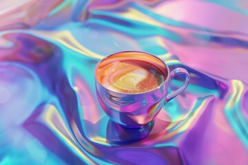 A clear glass coffee cup on a vibrant, multicolored abstract background. exhibiting a playful mix of light and color. Generative AI