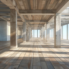 Empty building structure with wood floor 3d rendering