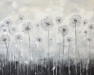 Oil Drawing Dandelion, Black and White Textured Dandelions Picture, Stylish Painting on Canvas
