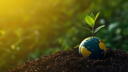 earth globe with green leaves on clean background, An Earth Day poster background with space for text, showing the idea of living sustainably and promoting development, generative ai - obrazy, fototapety, plakaty