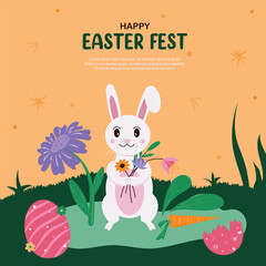 Happy Easter Day Post With Cute Bunny Flat Illustration For Social Media, Greeting Card or Web Ads