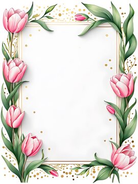 tulips frame with flowers,watercolour Invitation flower card mockup Card mockup with copy ,flower frame ,Birthday, Wedding, Mother's Day, Valentine's day, Women's Day. Front view