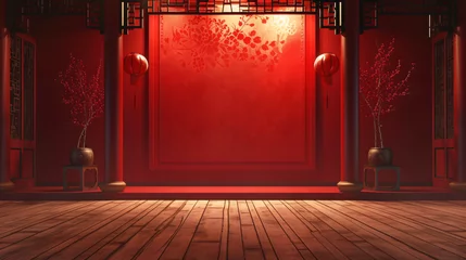 Zelfklevend Fotobehang Empty stage with red Chinese style background © Cybonad