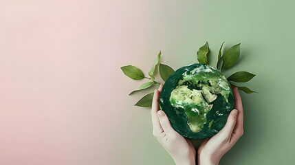 hands holding green earth, save the planet, An Earth Day with space for text, showing the idea of living sustainably poster background and promoting development, generative ai