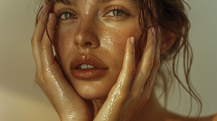 Portrait of young Caucasian woman, close up shot of velvety, soft and smooth wet facial skin