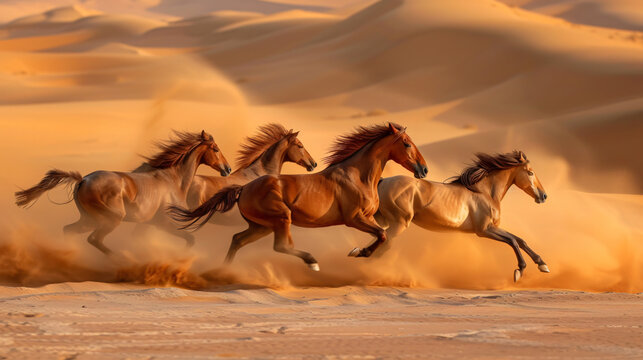 Energetic image of horses running in the desert the