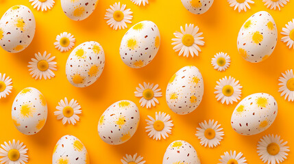 A row of colorful pastel Easter eggs with daisies, each uniquely painted with different texture on a yellow background
