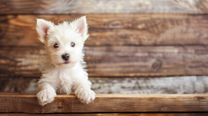 Portrait of a playful white puppy with fluffy fur. Small white fluffy puppy with bright eyes. - obrazy, fototapety, plakaty