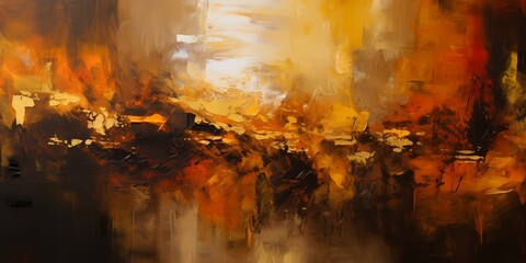 Bold strokes of honeyed amber and deep espresso dance across the canvas, echoing the dynamic interplay of molten copper and molasses hues against an enigmatic, abstract backdrop. - obrazy, fototapety, plakaty