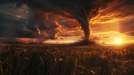 A powerful tornado in an agricultural area. Landscape of a natural disaster. Dark colors. Generative AI