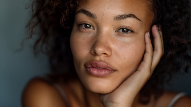 Portrait of biracial or mixed-race woman, close up shot of velvety, soft and smooth facial skin with freckles - Powered by Adobe