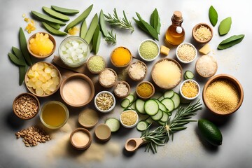 Fototapeta na wymiar Homemade skin care with natural ingredients aloe vera, lemon, cucumber, himalayan salt, peppermint, rosemary, almonds, cucumber, ginger and honey pollen isolated on white background.