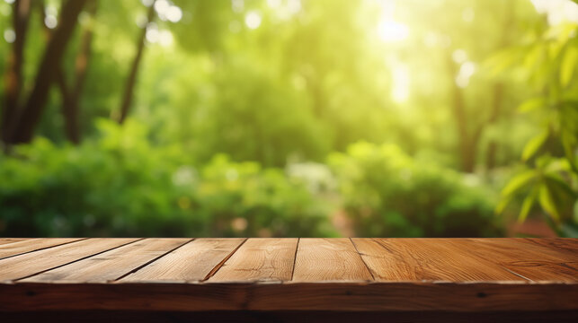 Wooden table and blurred green nature forest background
