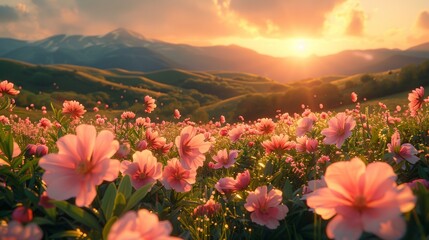 hills rolling under the gentle spring sunshine, adorned with peach and pear blossoms in full bloom, creating a tapestry of pink and white against the fresh green grass, symbolizing rebirth and peace. - obrazy, fototapety, plakaty