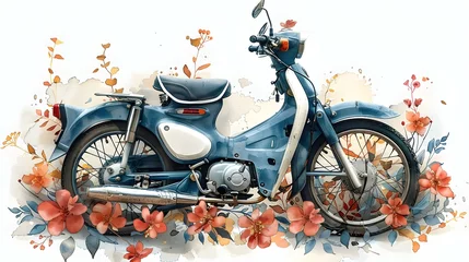 Schilderijen op glas Vintage motorbike illustration in watercolor style on white backdrop with floral elements. Concept Watercolor Style, Vintage Motorbike, Floral Elements, White Backdrop, Illustration © Anastasiia