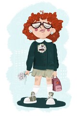 Cute and proud redhead girl stands with a pink backpack and a lollipop. Cute redhead first grader 