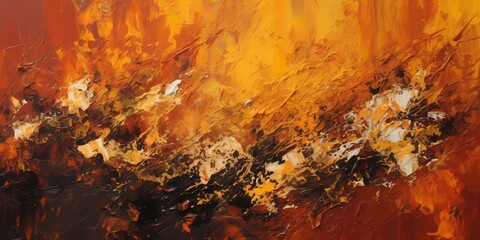 Bold strokes of honeyed amber and deep espresso dance across the canvas, echoing the dynamic interplay of molten copper and molasses hues against an enigmatic, abstract backdrop.