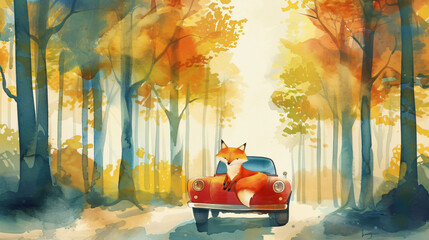 Fox rides in a retro car. Watercolor illustration.