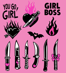 Set of tattoo-style girlish stickers with hearts and knives on a pink background.