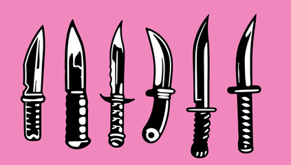 Set of tattoo-style knives on a pink background.
