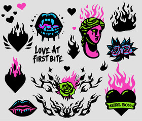 Trendy gothic stickers with fire flames, hearts and other neo tribal tattoo style elements. 
