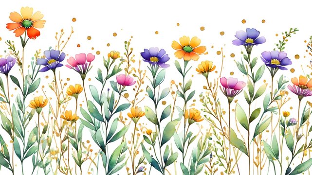 Garden Watercolor Floral Seamles Pattern, Hand painted Watercolor, Wildflowers, Twigs, Leaves, Buds. Design for fashion , fabric, textile, wallpaper, cover, web , wrapping and all prints