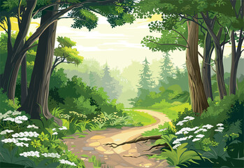 A dirt road winds through a vibrant green forest filled with tall trees, lush plant life, and grassy terrain, creating a beautiful natural landscape reminiscent of a painting