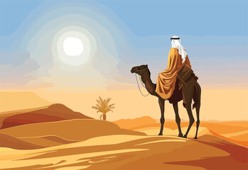 A man is riding an Arabian camel in the desert landscape, showcasing the natural environment of the ecoregion while using the camel as a working animal for travel