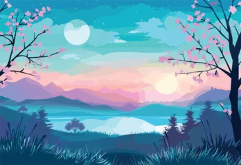 Deurstickers A painting of a serene sunset over a lake, with a tree in the foreground. The sky is a calming azure blue, blending with the green foliage © J.V.G. Ransika