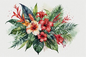 watercolor red and white tropical wedding bouquet of flowers with leaves isolated on white background