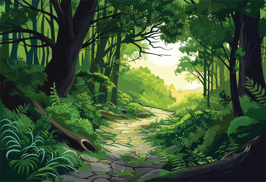 A picturesque painting of a winding path cutting through a vibrant green forest, with towering trees, lush vegetation, and a peaceful natural landscape