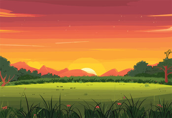 A serene natural landscape depicted in a cartoon illustration of a sunset over a field with mountains in the background, featuring a colorful sky, plants, clouds, and a tranquil afterglow
