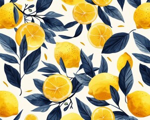 Watercolor illustration of seamless pattern with lemons and leaves on white background