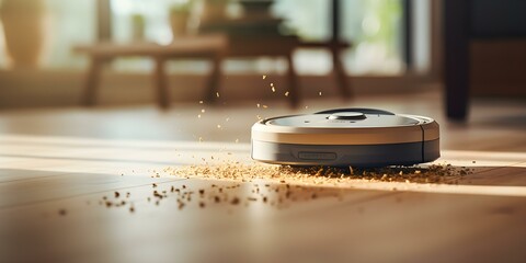 Robot vacuum using advanced sensors to navigate and avoid furniture while cleaning. Concept Robot Vacuum, Advanced Sensors, Furniture Avoidance, Cleaning Technology, Smart Navigation