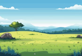 Foto op Plexiglas A cartoon illustration of a serene natural landscape featuring a lush green field with mountains in the background, clear blue sky and fluffy white clouds © J.V.G. Ransika
