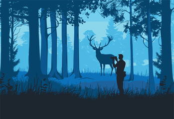 A man captures the serene atmosphere of a deer in a natural landscape. The azure sky and electric blue plants create a captivating art in the forest