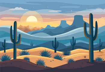 A cartoon illustration of a natural landscape in a desert ecoregion, featuring cactus plants like Saguaros, mountainous landforms, and a colorful dusk sky on the horizon - obrazy, fototapety, plakaty