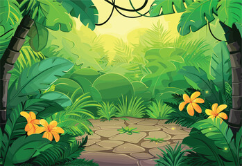 A vibrant cartoon illustration of a tropical forest featuring lush green plants, colorful flowers, and sunlight filtering through the leaves of towering trees