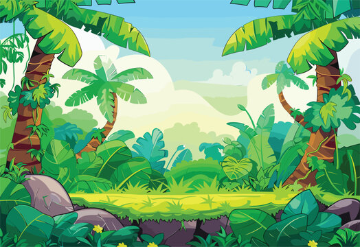 A vibrant cartoon illustration of a tropical jungle with lush green palm trees, rocks, and dense vegetation under a clear blue sky, showcasing the beauty of nature