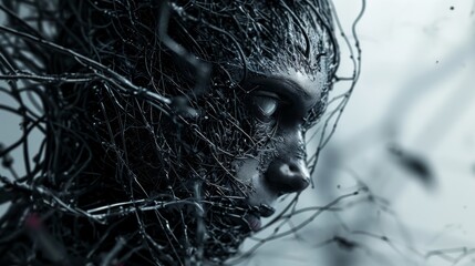 The black profile of a young woman shrouded in a chaotic and tangled mass of black wires - obrazy, fototapety, plakaty