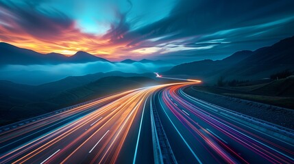 streaking lights on highway through mountains at twilight