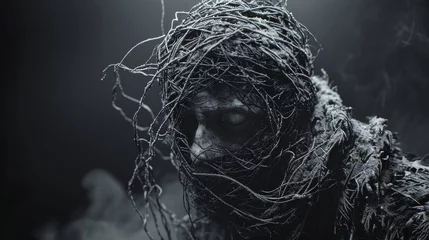 Fotobehang A man covered with dark, tangled threads or fibers © Олег Фадеев