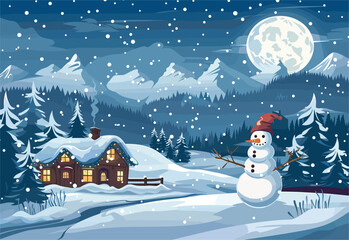 Fototapeta na wymiar A snowman is enjoying the winter world in front of a snowcovered building under the freezing moonlight, creating a beautiful geological phenomenon of art and recreation
