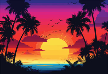 As the daytime transitions to dusk, the azure sky is painted with hues of orange and pink, casting a warm glow over the ocean with palm trees in the foreground