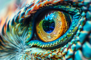 Close-up of the colorful eagle's eyes, sharp back shape