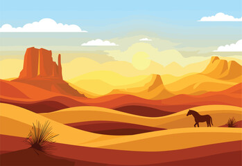 Fototapeta na wymiar A horse is standing in a vast desert landscape under a clear blue sky with white fluffy clouds, surrounded by towering mountains and sandy plains