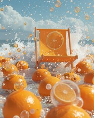 visual full of orange bubbles in the air with a beach folding chair in the middle