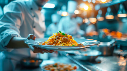 male chef in a professional kitchen confidently presents a pasta dish