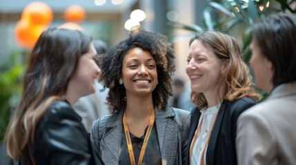 Obraz premium A cheerful woman with curly hair engaging in a conversation with colleagues at a professional networking event indoors. Generative AI