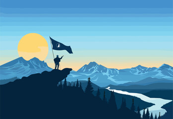 A man stands atop a towering mountain peak, holding a flag as it flutters in the azure sky. The natural landscape surrounding him showcases majestic mountainous landforms in the highland